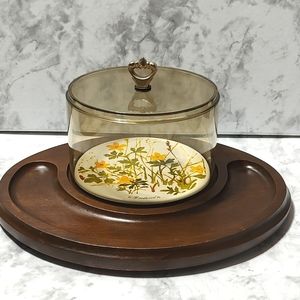 Goodwood Teak 70's cheese tray w/ amber plastic cloche